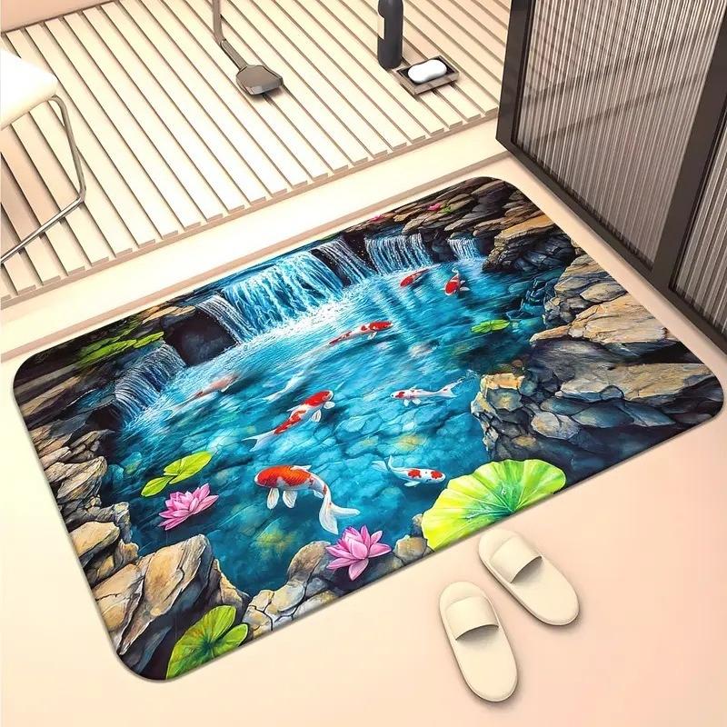 3D Optische Illusion Teppich Realistischer Fischteich Bereichsteppich Waschbar Goldfischteich Fußmatte Rutschfest
