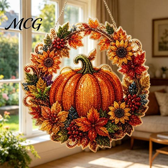 Hanging Ornament Fall Pumpkin Sunflower Wreath Decor, Acrylic Hand Painted Seasonal Home Decor Window Ornament, Thanksgiving Halloween Harvest