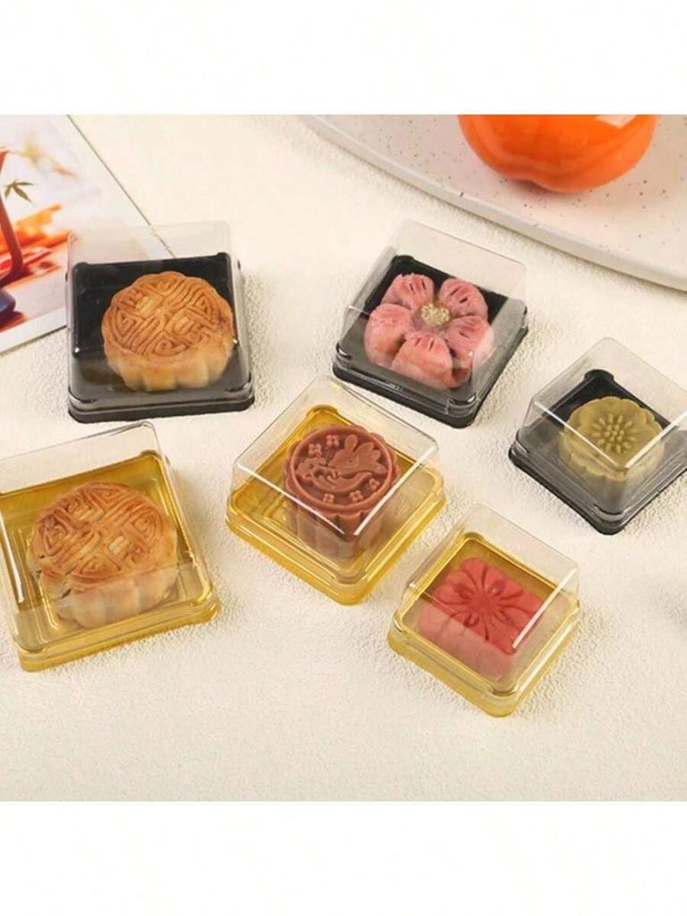 50 Backpackungen, Verpackungskartons für gold-schwarzes Eigelbgebäck, runde Blisterverpackungen aus Kunststoff, Mondkuchen