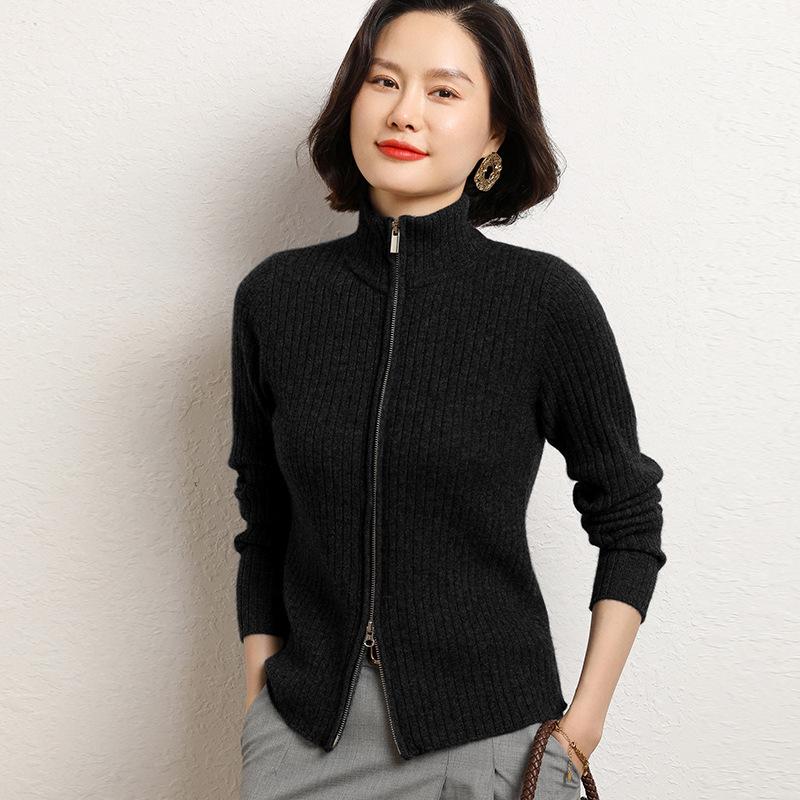 Women's Korean Style Cashmere Stand Collar Zipper Cardigan - Striped Slimming Knitwear for Autumn Winter