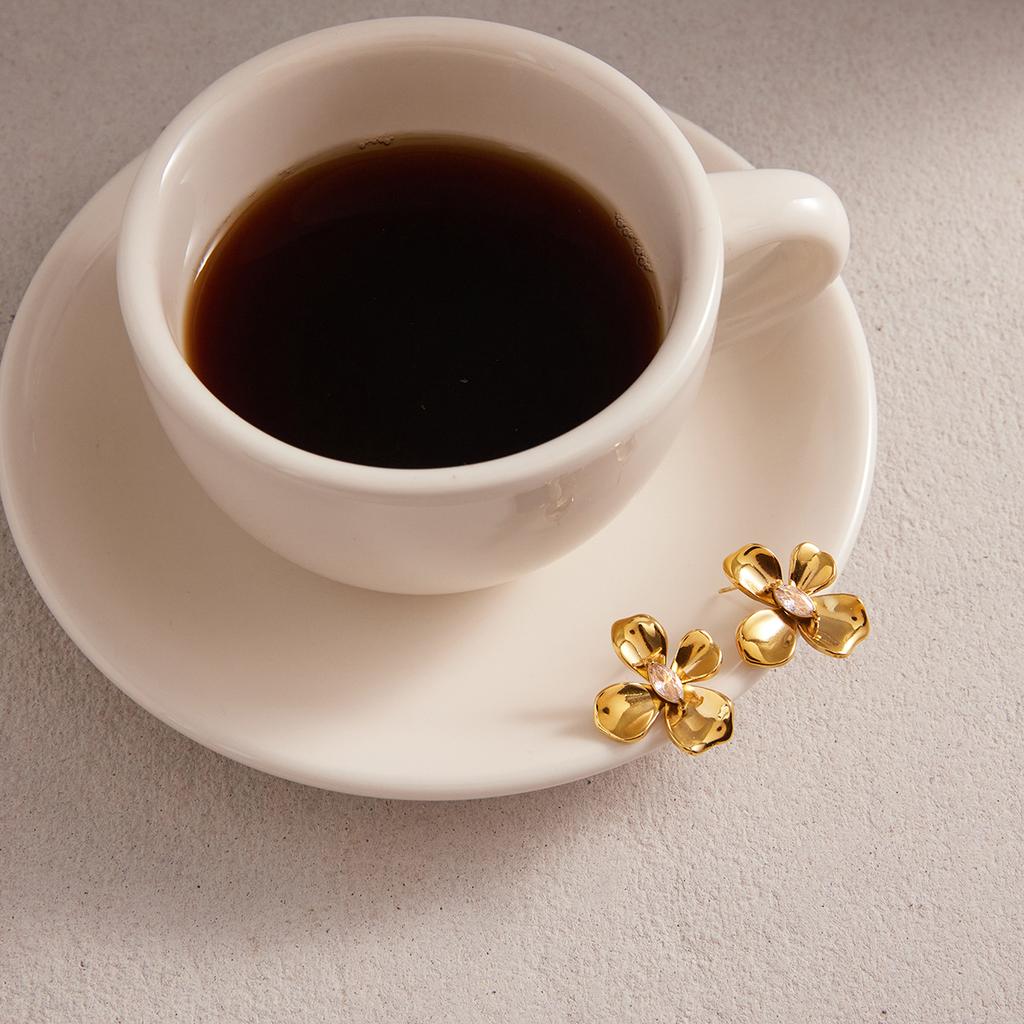 Delicate Shiny Cubic Zirconia Four-petal Flower Stud Earrings 18K Gold Color PVD Plated Stainless Steel Jewelry Gift