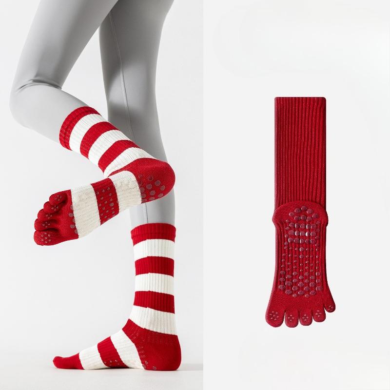 Five-finger Yoga Socks with Anti-slip Properties for Pilates Training Exercises. Red Striped Long Ankle Socks with Split Toes.
