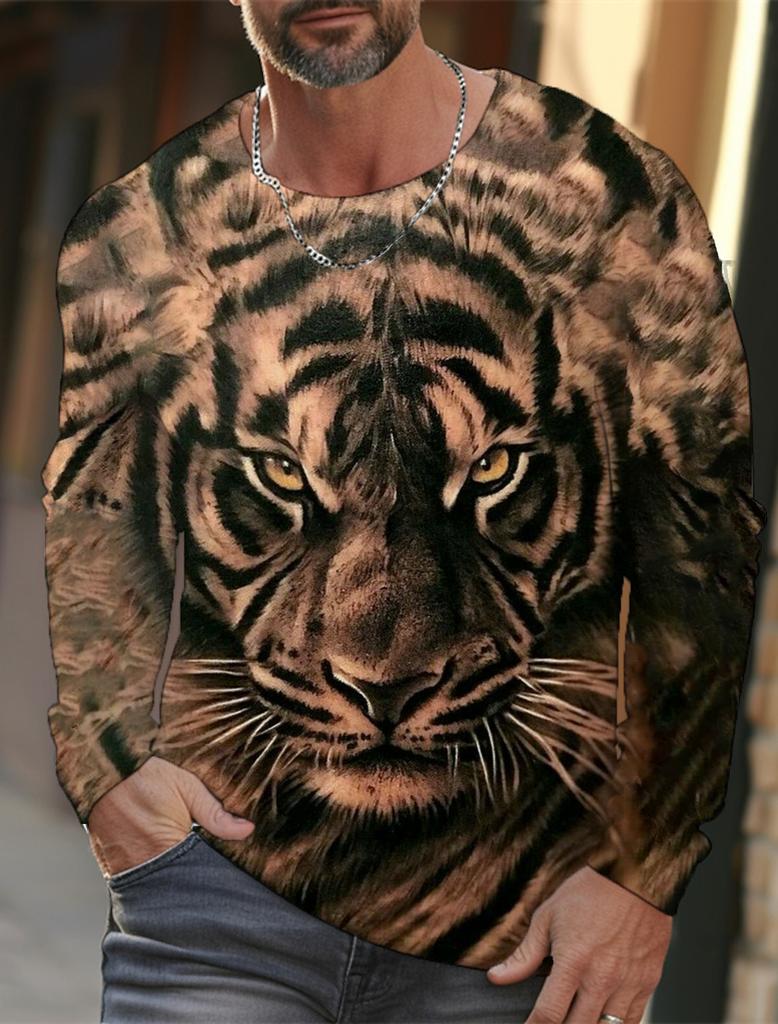 Tiger Graphic T Shirt Long Sleeve T-Shirt for Men Clothing Casual Tee Shirts Fashion 3D Animal Print Tops Vintage Men's Clothing