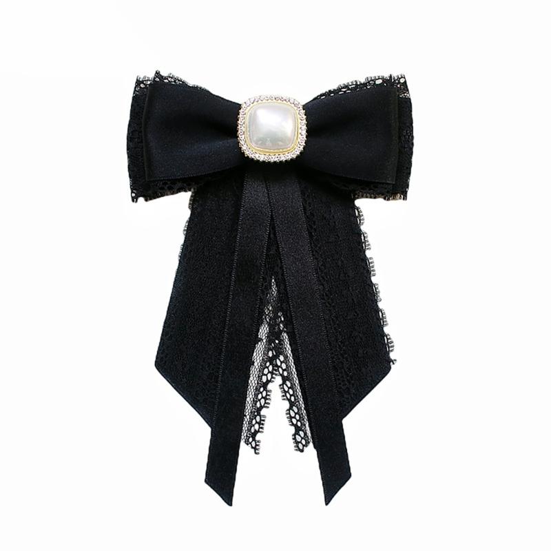 Crystal Pearls Ribbon Bowknot Brooch Pin Bowtie for Women Shirt Jabot Collar Pre Tied Necktie Clip Clothing Accessories