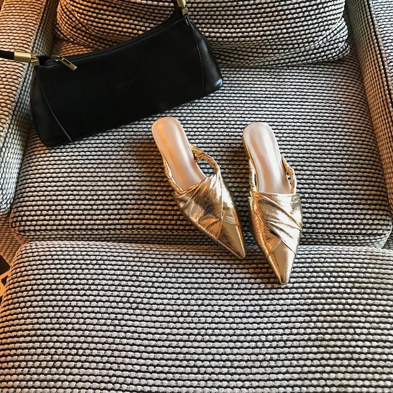 

Shangsi, early spring temperament pleated pointed slippers low-heeled Internet celebrity outer wear Korean version half-bag head Muller shoes women 39 золотой