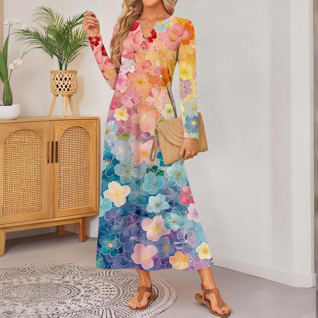 Women Retro Printed Long-sleeved Comfortable Loose Dress, Elegant Dress