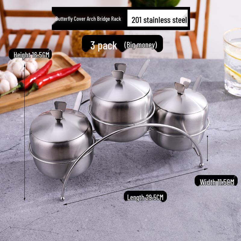 Gold Korean-Style Seasoning Jars, 201 Stainless Steel with Glass Lids On Tray, for Restaurant Use.