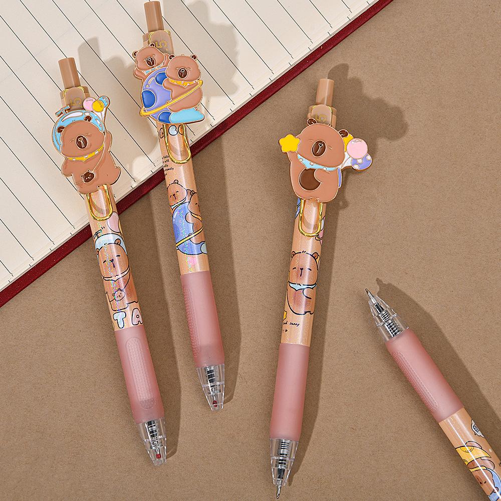 36pcs Kawaii Capybara Alloy Patch Press Gel Pen Cute 0.5mm Black Ink Writing Pen Stationery School Office Supplies Prize Gift Writing Tools Holiday Gi