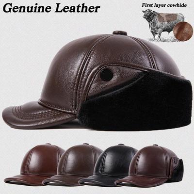 L-2XL High Quality Genuine Leather Hats Winter First Layer Cowhide Warm Earmuffs Bomber Caps Plus Velvet Thicken Man Bone Caps Dad Hat