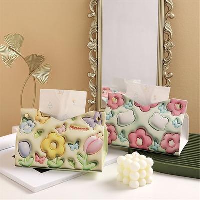 INS Flower Printed Leather Tissue Box Napkin Holder Car Tissue Box Home Living Room Holder Case Hotel Carton Household Storage
