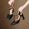 Krazing Pot Sheepskin Square Toe Size 41 High Heels Hollow Out Decoration Super High Heels Breathable Autumn Pumps