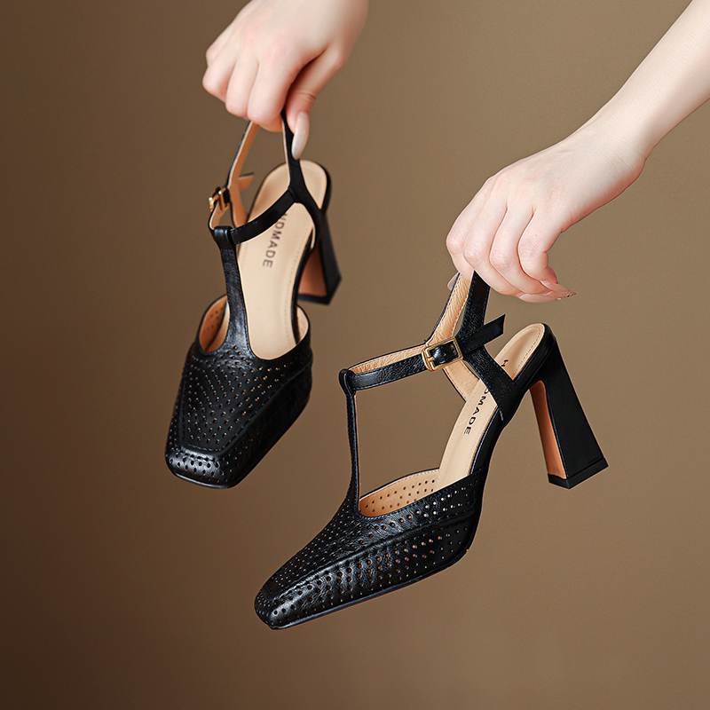 Krazing Pot Sheepskin Square Toe Size 41 High Heels Hollow Out Decoration Super High Heels Breathable Autumn Pumps