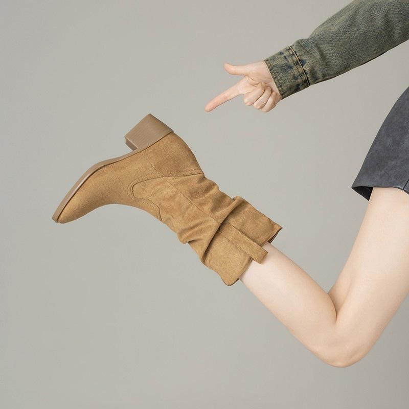 Spring retro cowboy boots new pointed thick heel pleated Martin boots stacked short knight boots