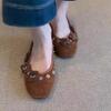 Women's Suede Flats Spring New Square Toe Shallow Mouth Rivet Flower Soft Sole Anti-slip Wear-resistant Single Shoes