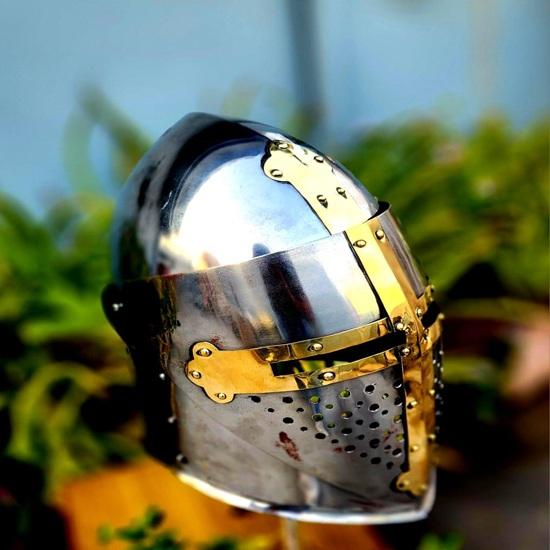 Steel Templar Knight Helmet, Brass Cross Crusader Armor, Medieval Warrior Costume Gift
