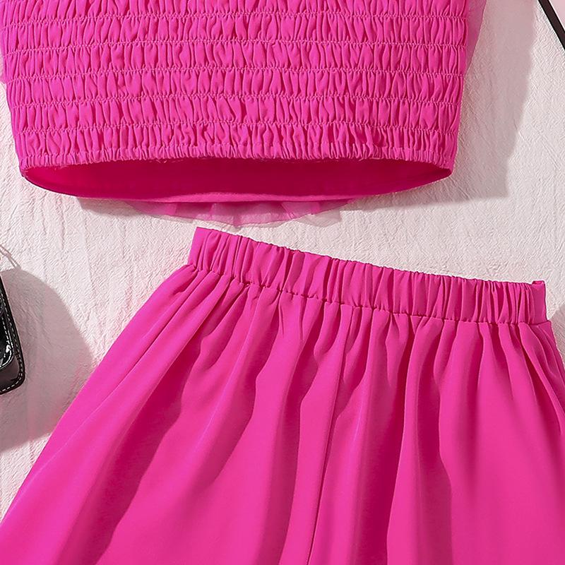 Girls' European & American 3D Flower Spaghetti Strap Top and Irregular Shorts - 2025 Summer Style Set