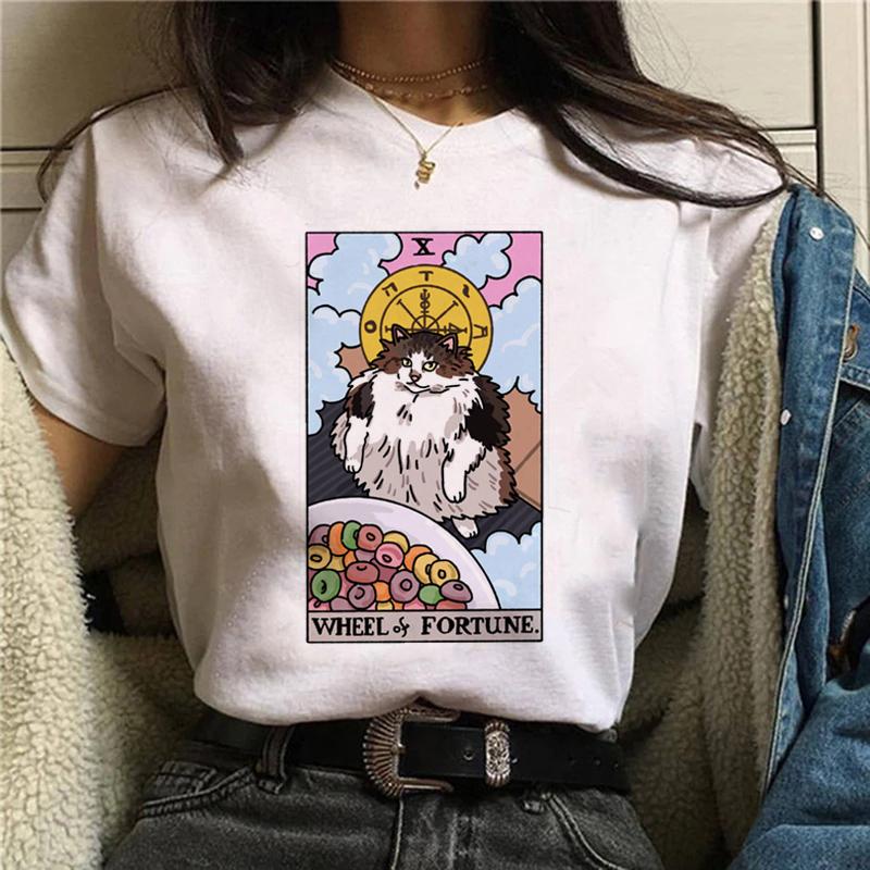 Magic In All Tarot Print T-Shirt Kawaii Magic Cat Printed Tshirt Astronomy Tee Shirt Top Aesthetic Women Hippie Bohemian Tshirt