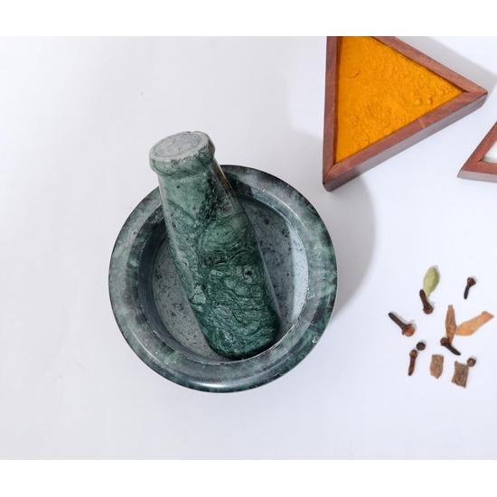 Crocon Green Marble Mortar and Pestle Set – 4 Inch Hand Grinder for Spices, Silbatta, and Kitchen Accessories Items for Home