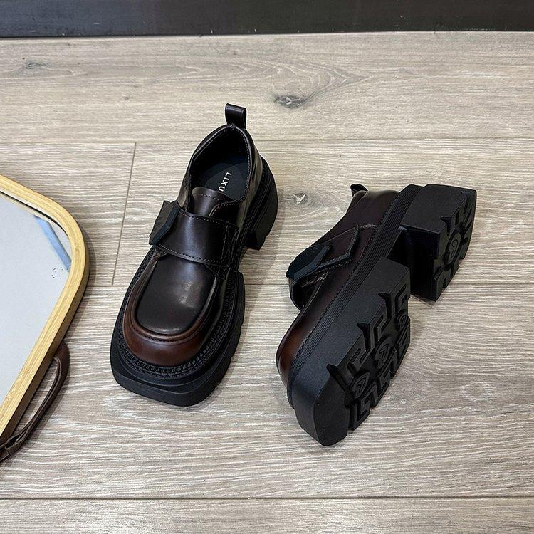 Маленькие кожаные туфли Весенние туфли-муффины с толстой подошвой в стиле ретро, повседневные туфли Hundred with Rough with Le Fu Shoes Female 35 коричневый