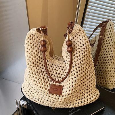 Borsa Intrecciata Stile Vacanza Borsa a Spalla Lavorata a Maglia Cava Nuova Moda Estiva da Donna Borsa Tote Pendolare di Grande Capacità