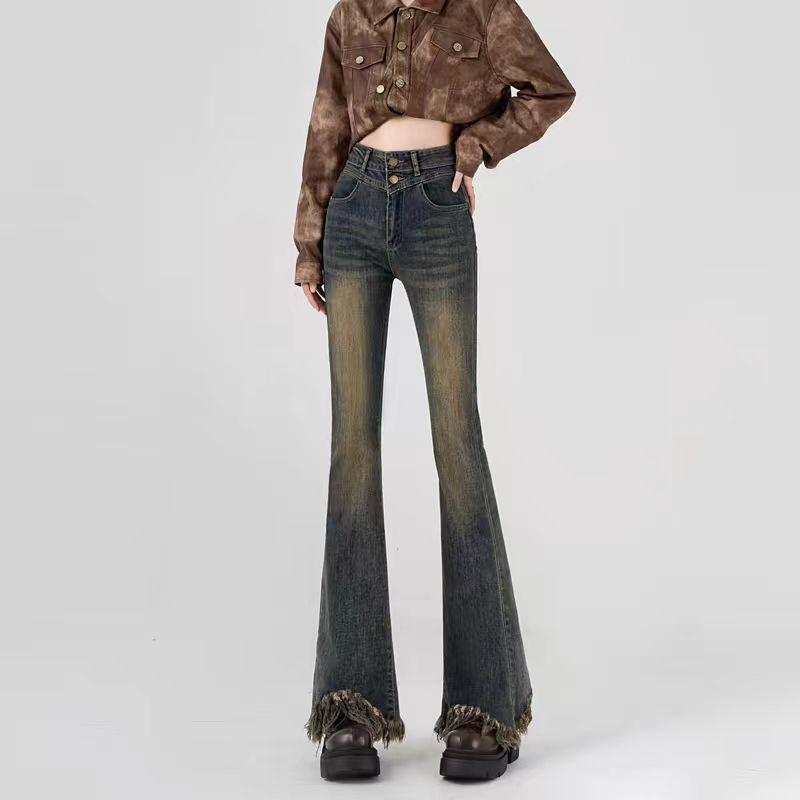 

Женские джинсы клеш с высокой посадкой цементно-серого цвета с кисточками - Моделирующий дизайн с двойной пуговицей для весны и осени Double Extra Large (2XL)