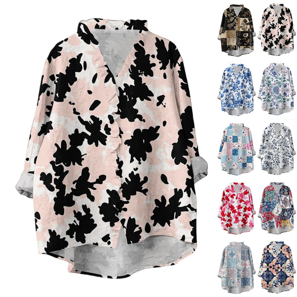 Women's Loose Ruffled Floral Print Stand Collar Long Sleeve Cotton And Linen Top