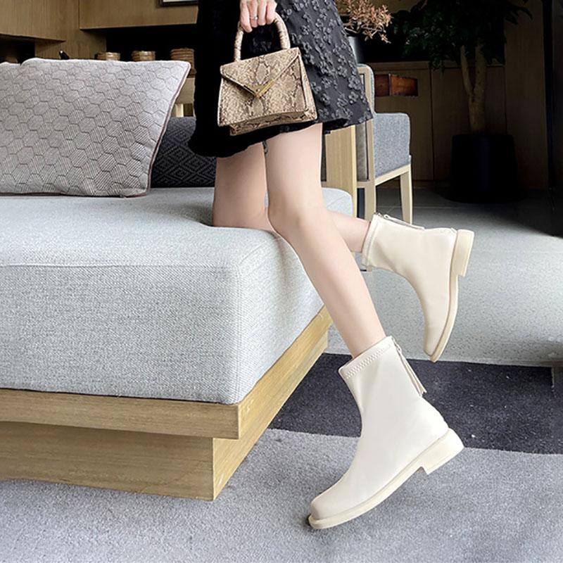 Fashion Women White Mid Calf  Boots Low Heel Elasticity Ankle Boots Woman Winter Fashion Autumn 2024 Chelsea Booties Ladies Shoes
