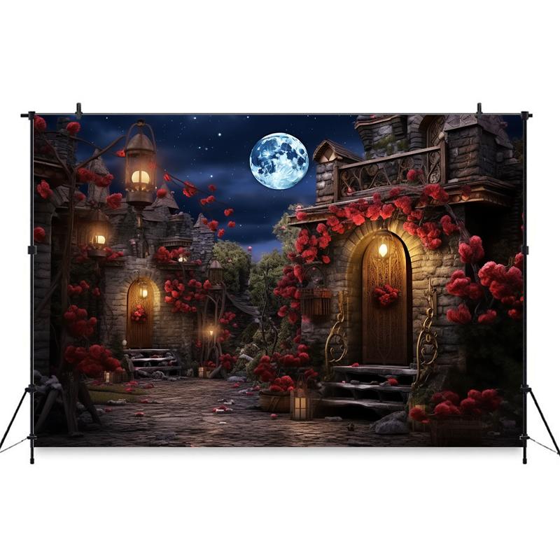 Romantic Night Castle Background Photography Red Rose Love Shower Girl Valentine Backdrop Decor Old Palace Birthday Photo Studio