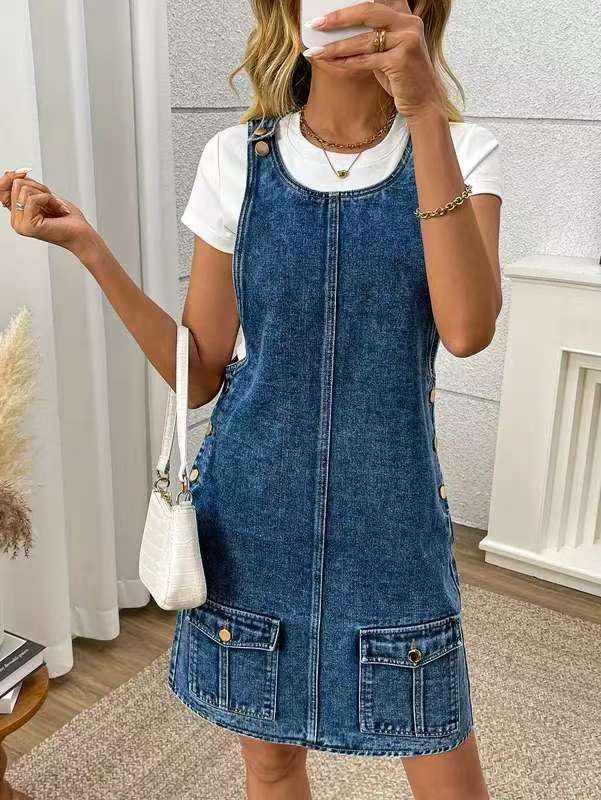 European-American Retro Denim Overall Skirt for Women - Summer Petite Zipper Design Dress