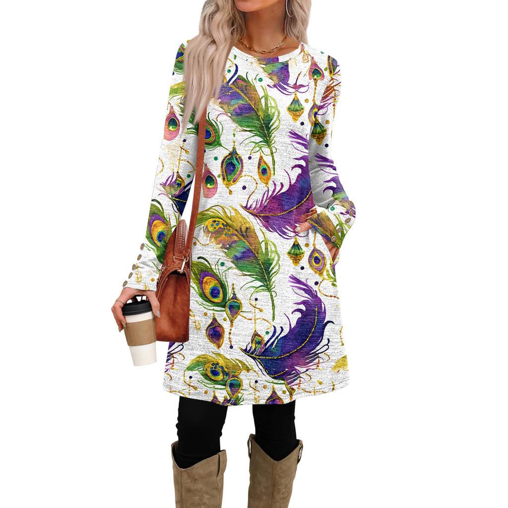 Modisches Damen-Kleid mit Rundhalsausschnitt, langen Ärmeln, Print, Tasche und Knöpfen, Freizeit