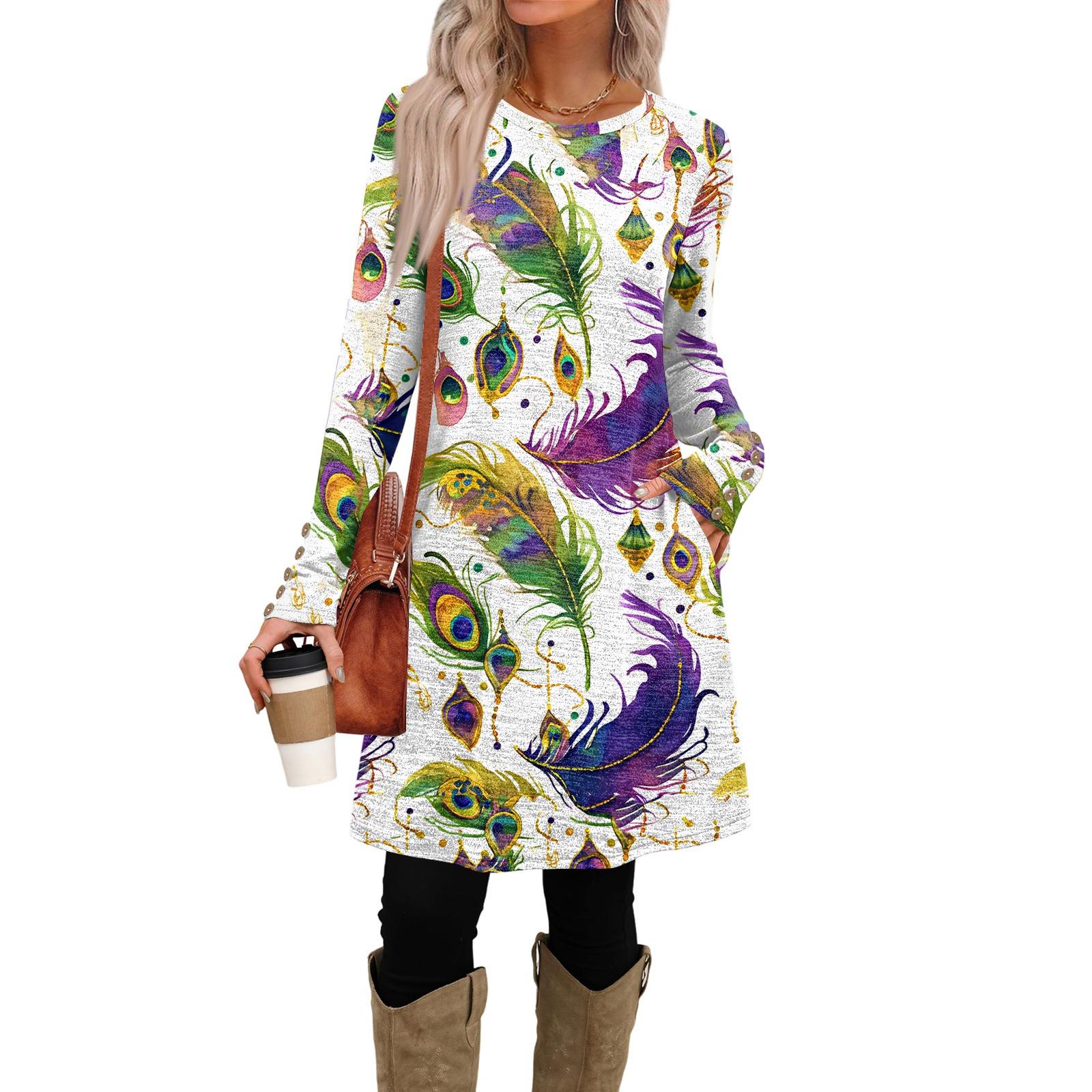 

Women s Fashionable Round Neck Long Sleeved Printed Pocket Button Casual Dress S білий
