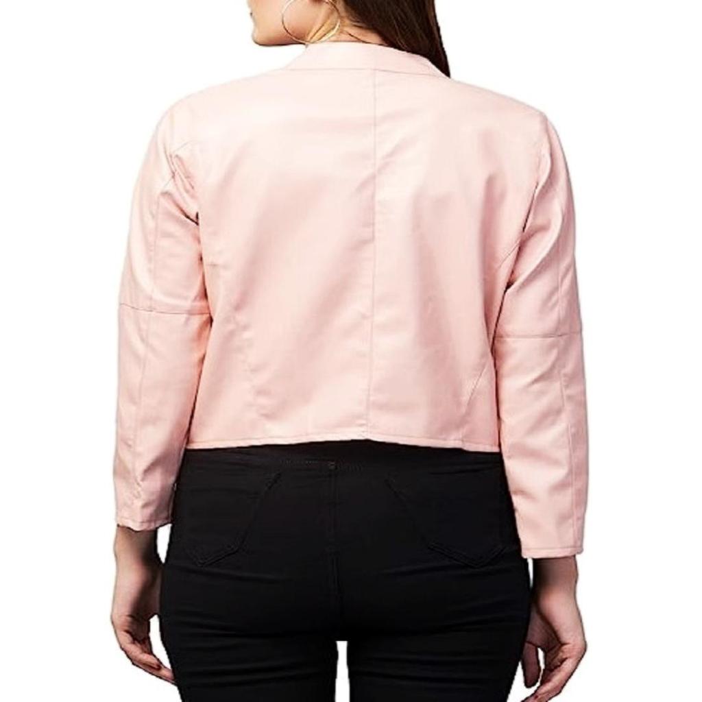 NOORA Womens Real Lambskin Baby Pink Leather Jacket With Zipper & Pocket | Shoulder Strap | Snap On Sleeves |