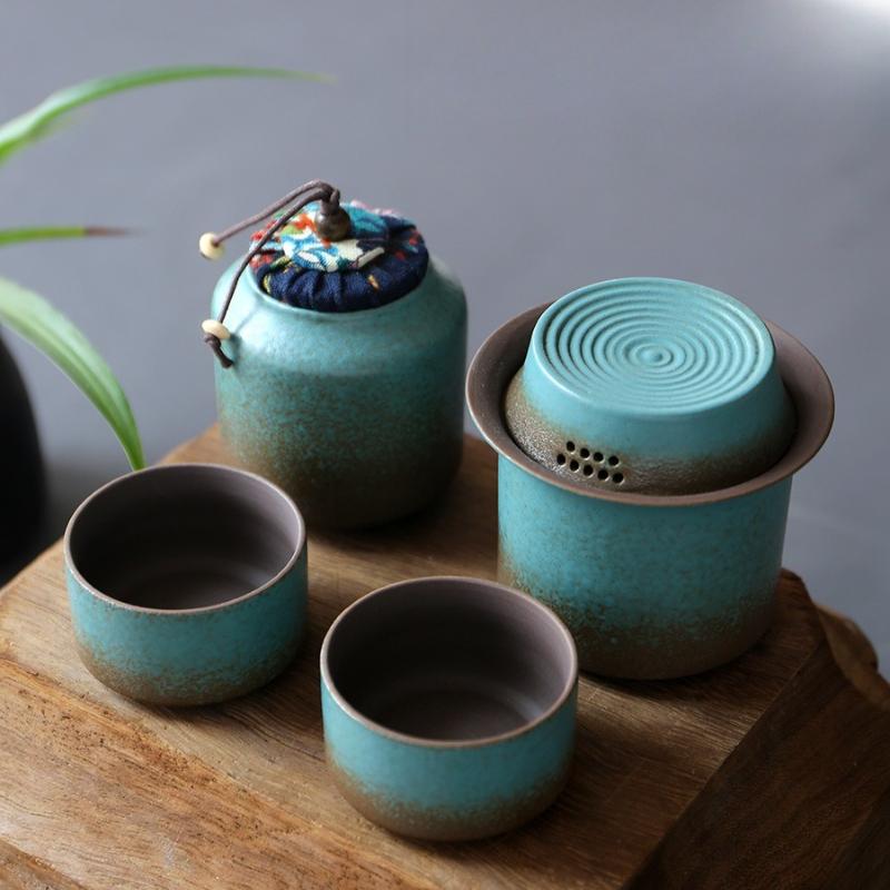 Zmiana pieca vintage wiosenna zieleń szorstka ceramika jeden czajnik 4 filiżanki pojemnik na herbatę prosty mały zestaw salon na świeżym powietrzu herbaciarnia