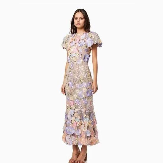 Women Fishtail Dress Round Neck Puff Short Sleeve Embroidered 3D Flower Decor Midi Dress Hip Wrapped Long Dress