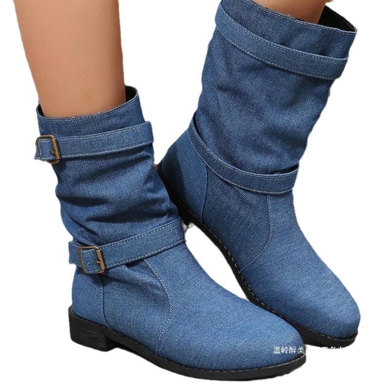 Stivali da donna a suola spessa, stile europeo e americano, con fibbia per cintura autunnale e invernale, fondo piatto, tacco basso, in pelle, sono disponibili.