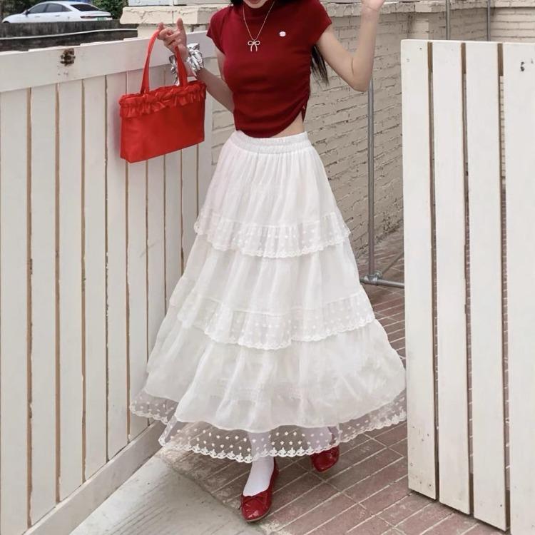 Lace-trimmed Sprin Summer Skirt – New Spring Collection High-waisted Sweet and Slimming Long Skirt Design – White Tiered Skirt