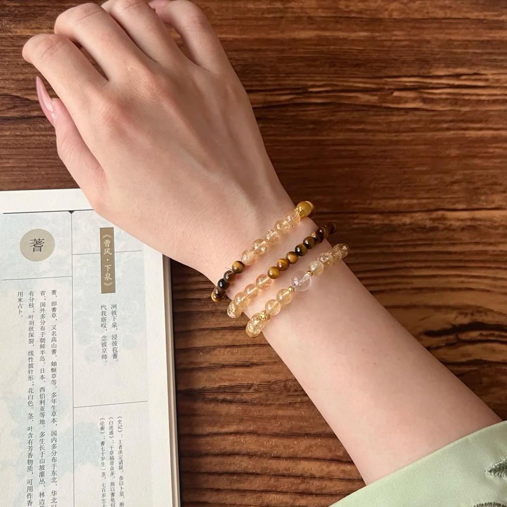 """Zehn Meilen des Glücks"" Text Neuer Chinesischer Stil Gelber Kristall Tigerauge Stein Perlenarmband Vielseitiges Mehrschichtiges Armband"""