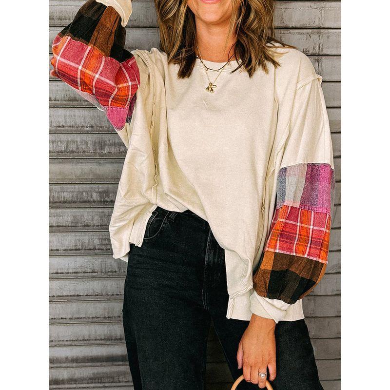 American Shiying Plaid Patchwork Long sleeve Top Women 2025 Autumn and Winter New Loose Contrast Color round Neck Knit