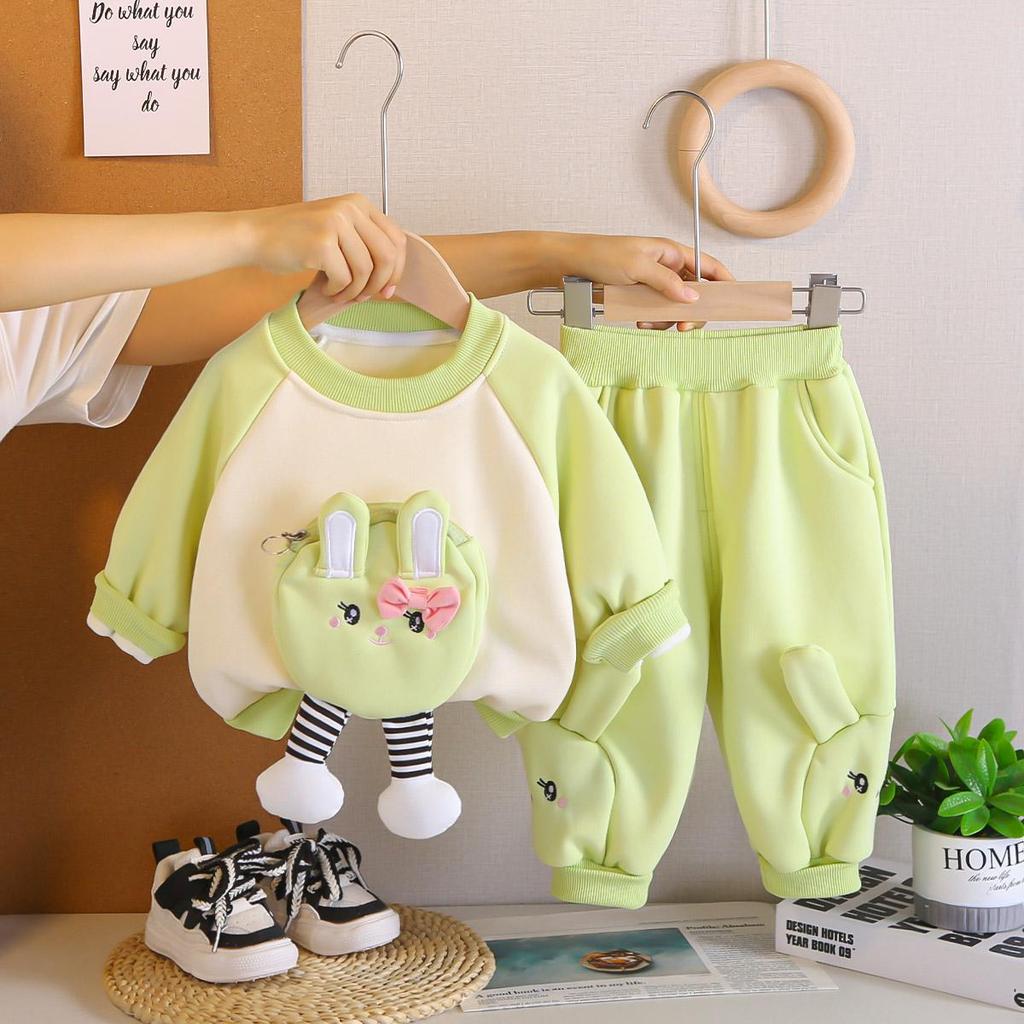 Flickors långärmad 2-delad set för 0-5-åringar, Söt fleece-fickhoodie för flickor, vardagsbyxor, Barnkläder av hög kvalitet