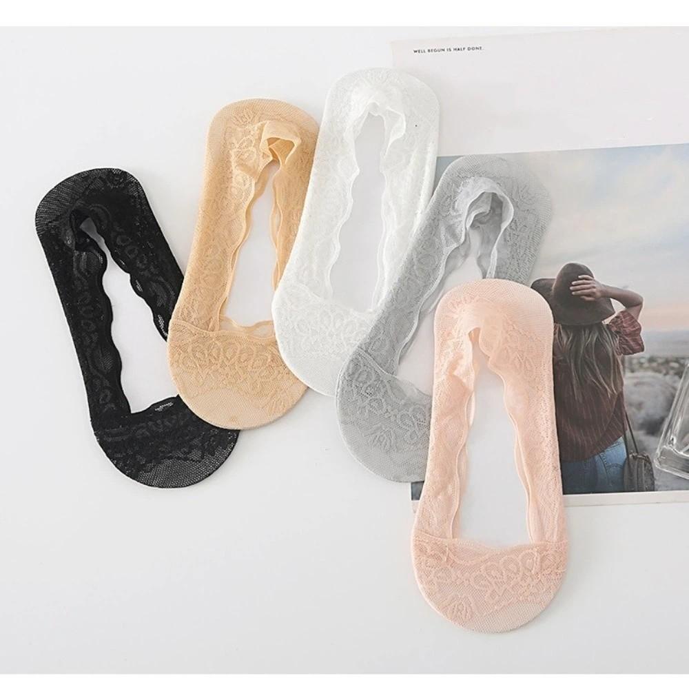 5 Pairs Summer Comfortable Lace Women's Socks Low Cut Ultra-thin Invisible Boat Socks Silicone Non-Slip Cotton Bottom Thin Socks