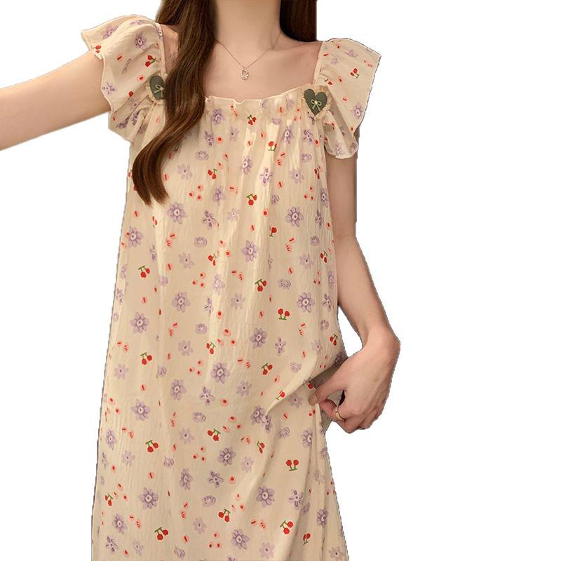 Women's Sweet Fairy Style Thin Cloud Cotton Camisole Nightgown with Built-in Bra for Indoor and Outdoor Wear