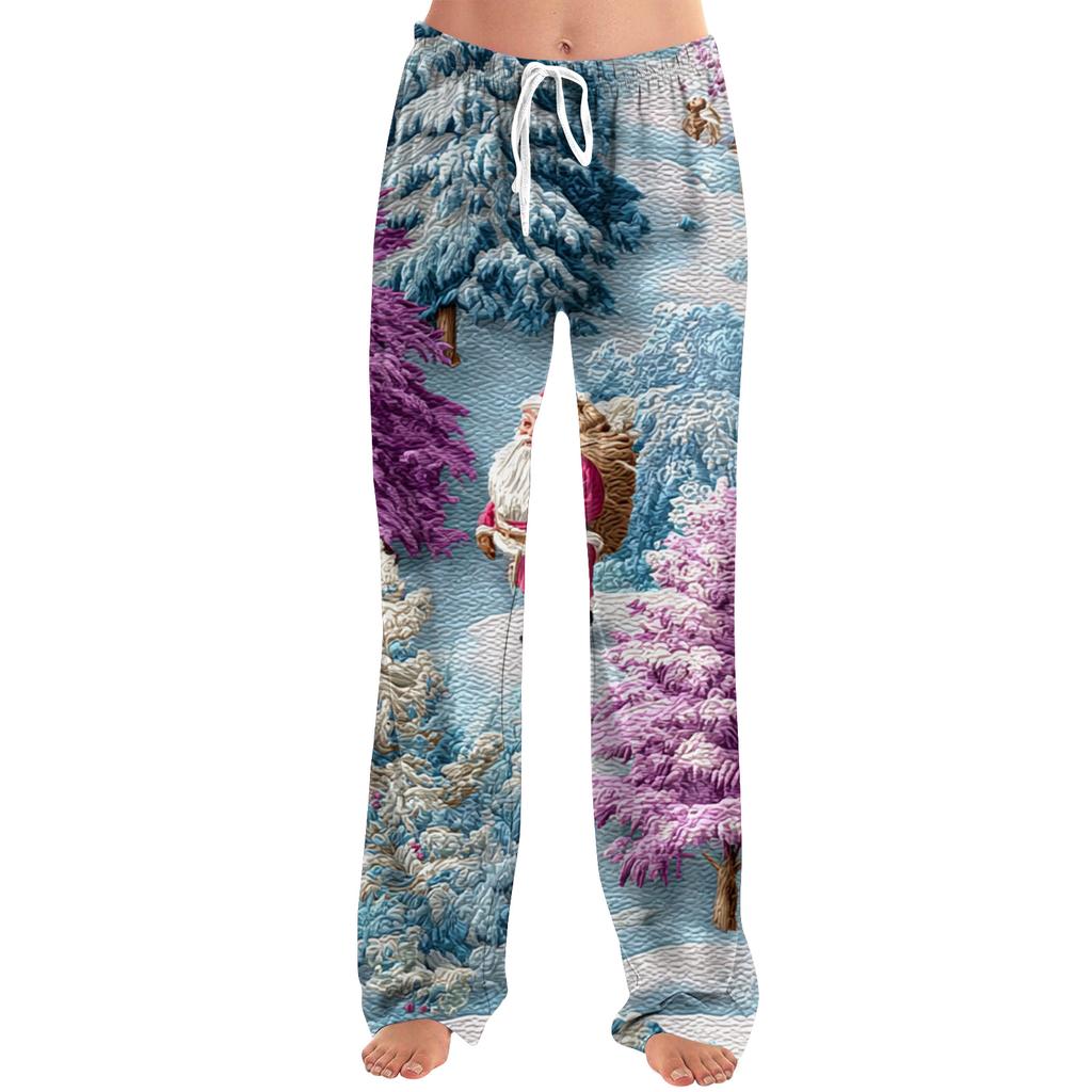 Ladies' Loose And Casual Christmas Printed Wide Leg Pants With Elastic Waistband Drawstring And Pocket Pants