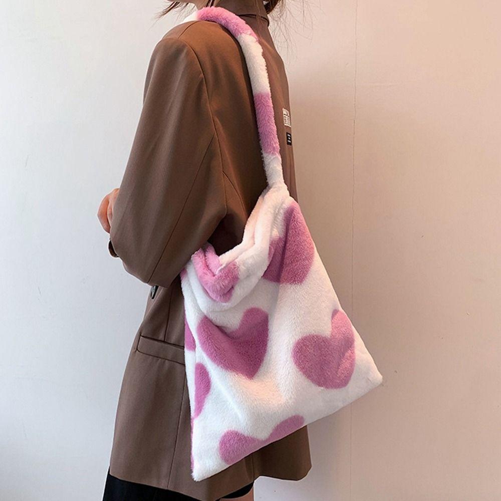 

Большая вместимость ромбовидная сумка из овечьей шерсти с сердечком и любовью через плечо, плюшевая сумка на плечо, женская сумка-тоут D