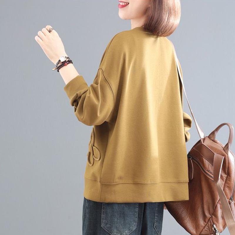 Women's Spring and Autumn Large Size Cotton Sweatshirt Solid Color Round Neck Loose Pullover Top