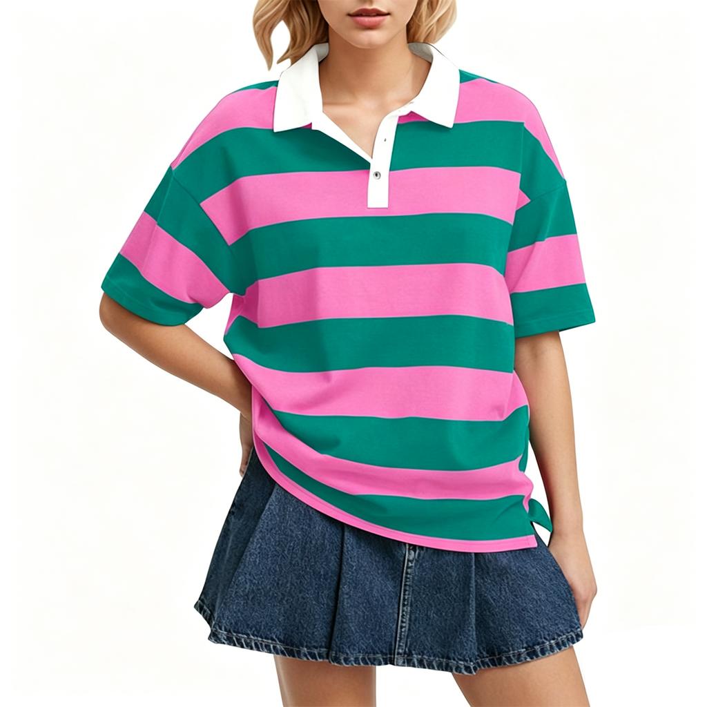 Women’s Casual Striped Polo Collar Loose Fit Short Sleeve Top Relaxed Style Pullover Shirt for Everyday Wear