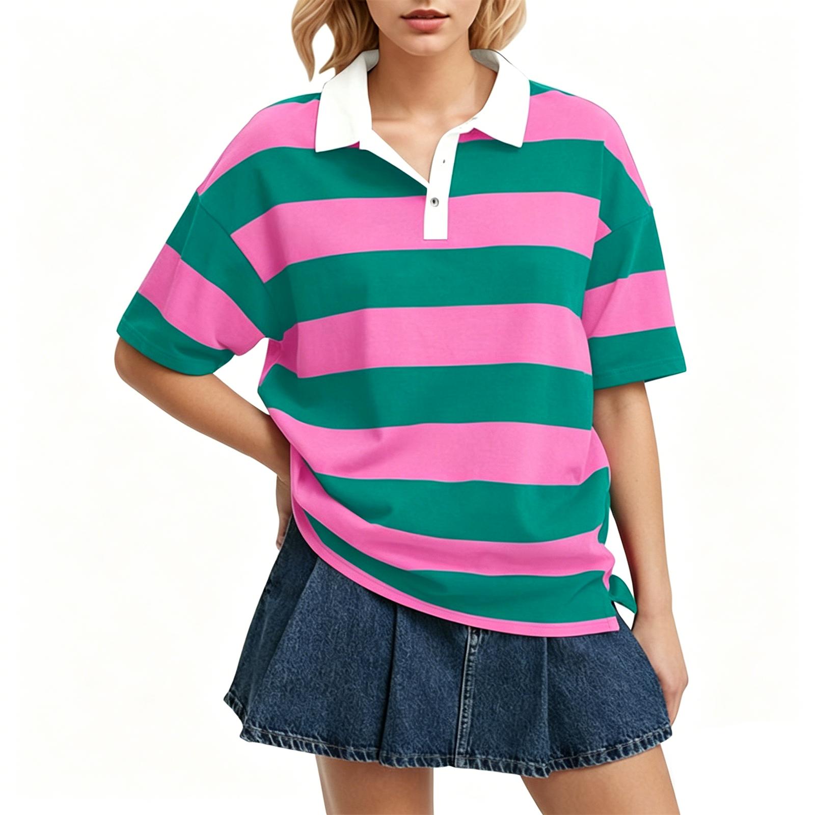 

Women’s Casual Striped Polo Collar Loose Fit Short Sleeve Top Relaxed Style Pullover Shirt for Everyday Wear S фіолетовий