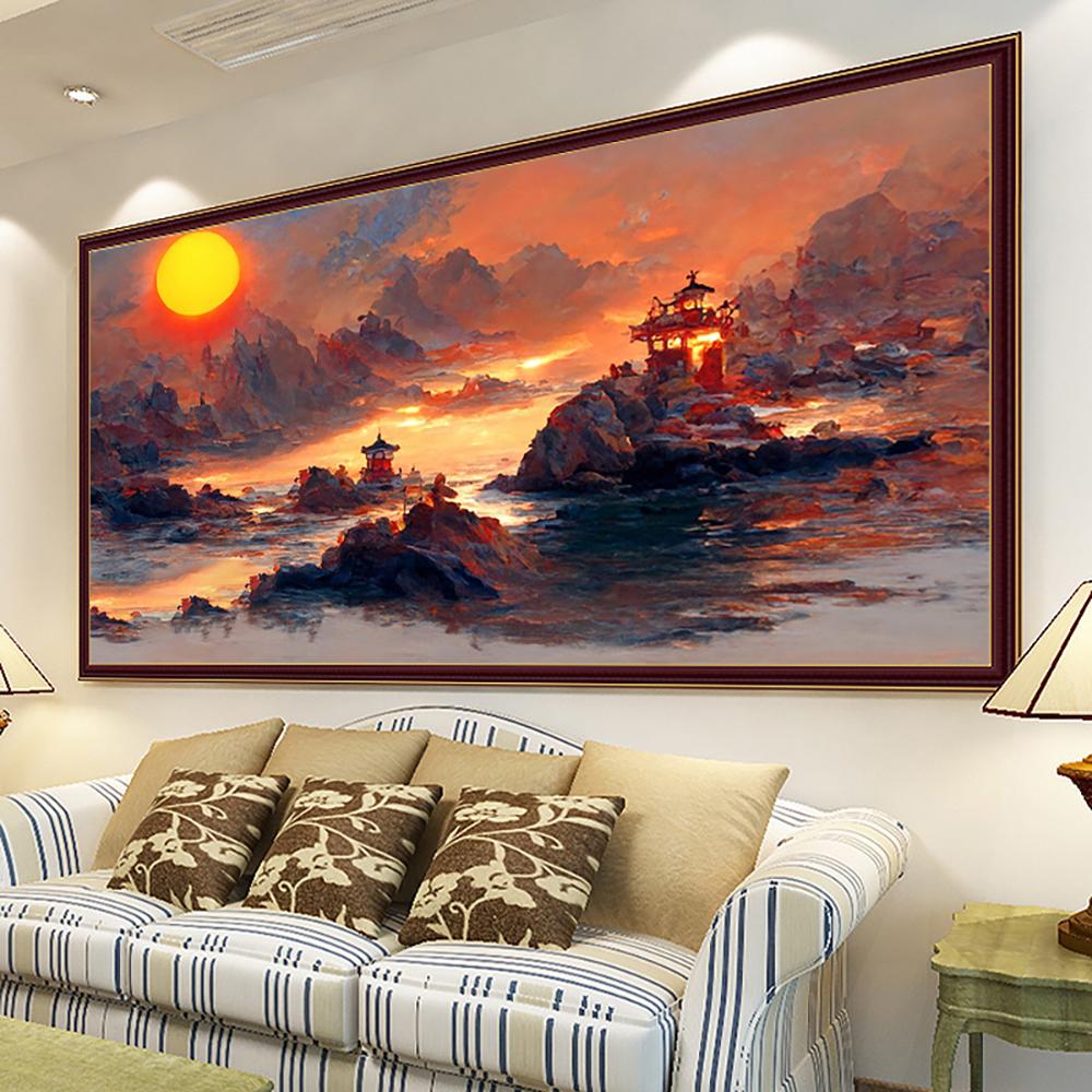 Zestaw do malowania diamentami DIY Wschód słońca Sceneria górska Sztuka Haft diamentowy Krajobraz Krzyżykowy Salon Sypialnia Dekoracja ścienna