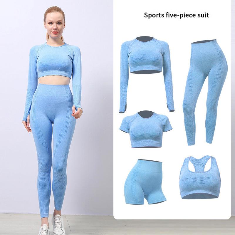 

Жіночий безшовний комплект для йоги – дихаючий топ з короткими рукавами, спортивний бюстгальтер і легінси з високою талією S синій