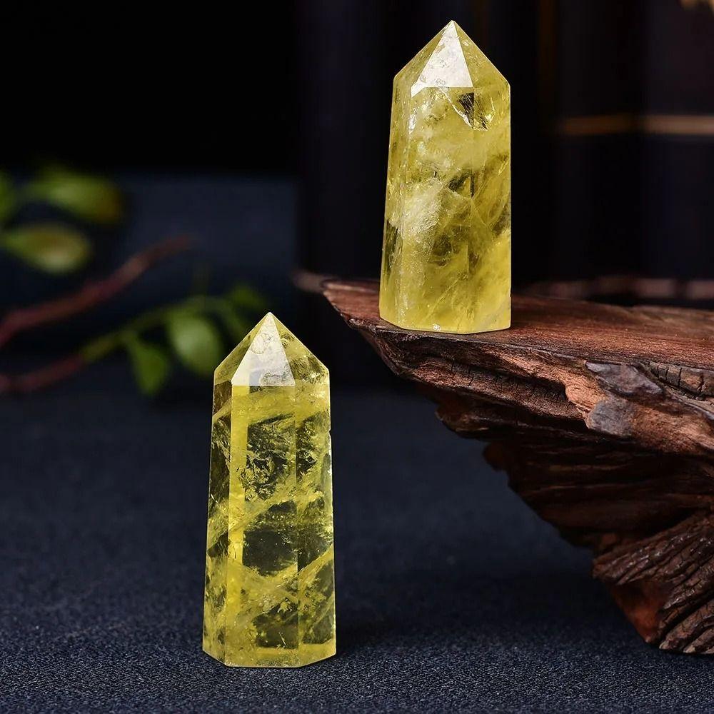 Unique Natural Crystal Exquisite Yellow Gem Home Decor Hexagonal Wand Column  Point Citrine Obelisk