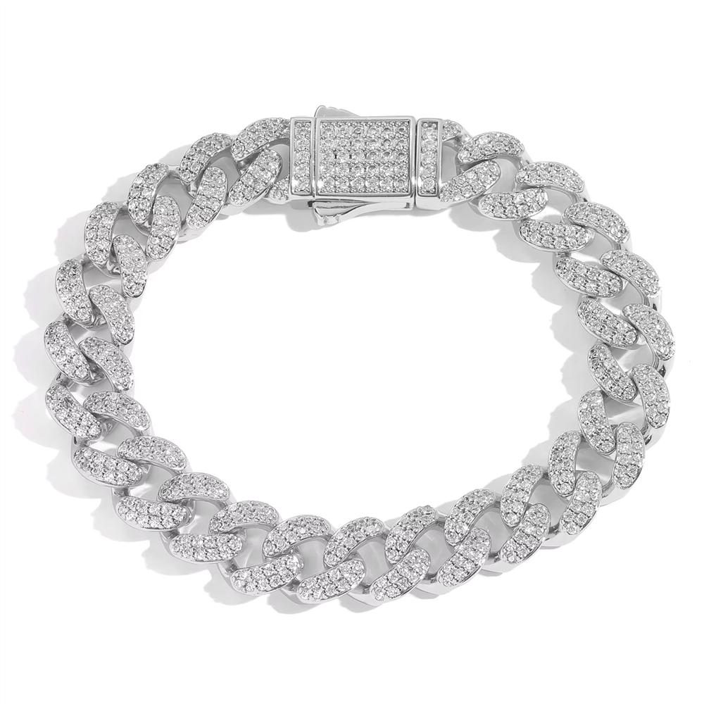 Hip Hop 14K Gold Plated Jewelry Spring Clasp 12mm Bling CZ Iced Out Cuban Link Chain Bracelet for Women and Men